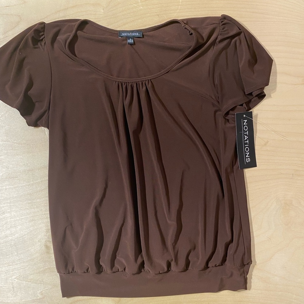 Notations Women's Brown Short Sleeve Scoop Neck Top Small (QW)
